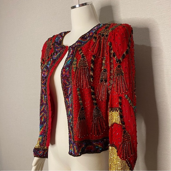 Vintage 80s Lawrence Kazar red beaded evening jacket - Picture 6 of 12